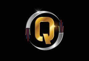 Initial Q monogram letter alphabet with electric wire, optical fiber cable. Font emblem. vector