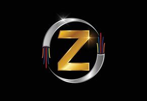 Initial Z monogram letter alphabet with electric wire, optical fiber cable. Font emblem. vector