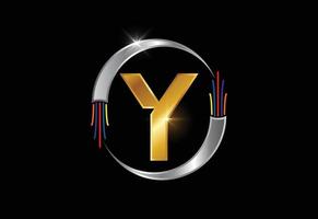 Initial Y monogram letter alphabet with electric wire, optical fiber cable. Font emblem.