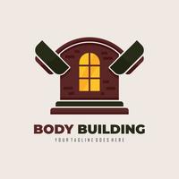 Barbell and house for body building company logo design vector