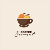 ideas de logo de puesta de sol de café con una taza, sol, nube y pájaro vector