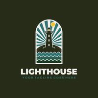 Lighthouse on the sea and waves vintage label logo