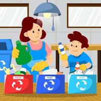 hijo de madre enseñando a reciclar residuos en casa