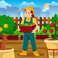 Woman Harvesting Vegetable from Home Garden vector