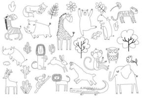 cartoon big set of cute doodle animals. vector