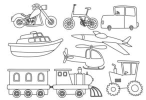 black line doodle set of cute transportation. vector