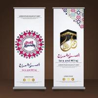 Al-Isra wal Mi'raj Prophet Muhammad calligraphy set roll up banner template with hand drawn kaaba, crescent moon and traditional lantern with ornamental colorful of mosaic islamic background vector
