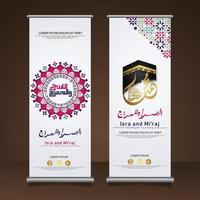 Al-Isra wal Mi'raj Prophet Muhammad calligraphy set roll up banner template with hand drawn kaaba, crescent moon and traditional lantern with ornamental colorful of mosaic islamic background vector