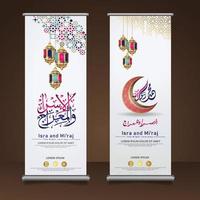 Al-Isra wal Mi'raj Prophet Muhammad calligraphy set roll up banner template with hand drawn kaaba, crescent moon and traditional lantern with ornamental colorful of mosaic islamic background vector