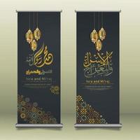 Al-Isra wal Mi'raj Prophet Muhammad calligraphy set roll up banner template with hand drawn kaaba, crescent moon and traditional lantern with ornamental colorful of mosaic islamic background vector