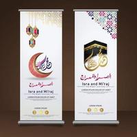 Al-Isra wal Mi'raj Prophet Muhammad calligraphy set roll up banner template with hand drawn kaaba, crescent moon and traditional lantern with ornamental colorful of mosaic islamic background vector