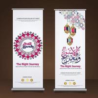 al-isra wal mi'raj profeta muhammad conjunto de caligrafía plantilla de pancarta enrollable con kaaba dibujada a mano, luna creciente y linterna tradicional con colorido ornamental de fondo islámico de mosaico vector