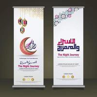 Al-Isra wal Mi'raj Prophet Muhammad calligraphy set roll up banner template with hand drawn kaaba, crescent moon and traditional lantern with ornamental colorful of mosaic islamic background vector