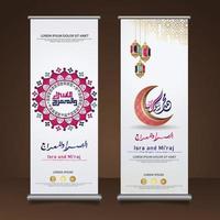 Al-Isra wal Mi'raj Prophet Muhammad calligraphy set roll up banner template with hand drawn kaaba, crescent moon and traditional lantern with ornamental colorful of mosaic islamic background vector