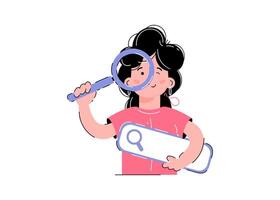 The girl is holding a magnifying glass. Search concept. Isolated on white background. Trendy flat vector