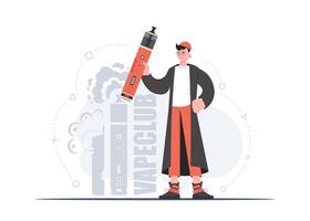 The guy holds in his hands a system for vaping. Trendy style with soft neutral colors. The concept of replacing cigarettes. Vector illustration.