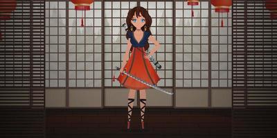 A girl with a katana in a blue and red dress stands in a Japanese room. Anime samurai woman. vector