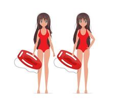 A cute girl in a red bathing suit holds a life board in her hands. Beach lifeguard. Cartoon anime style. Vector illustration