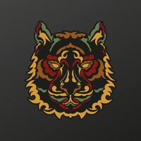 Tiger face in baroque color. The muzzle of an animal from the patterns of ancient tribes. Isolated. Vector illustration