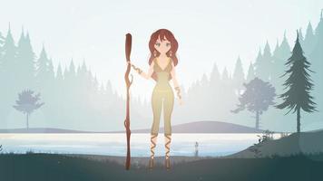 Amazon woman in the rainforest jungle. Forest with a river. Girl in a green latex suit. Cartoon style. Vector. vector
