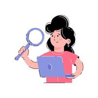 The girl holds a magnifying glass and a laptop in her hands. Information search concept. Isolated on white background. Trendy flat vector style.