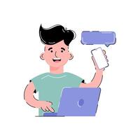 The guy is working on a laptop and holding a phone. Isolated on white background. Trendy flat vector style.