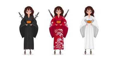 un conjunto de chicas anime en kimono con katanas. estilo de dibujos animados aislado. vector. vector