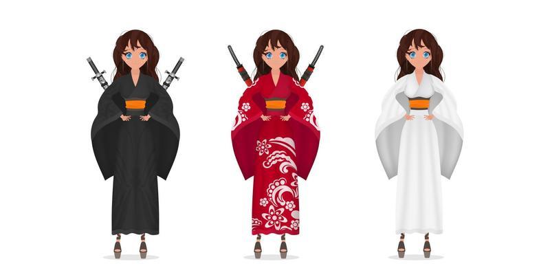 A set of anime girls in kimono with katanas. Cartoon style. Isolated.  Vector. 8126642 Vector Art at Vecteezy