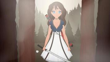Young Asian girl in a white dress with a Japanese sword. She has long brown hair and blue eyes. Green trees in the background.