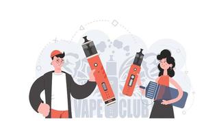 The girl and the guy are holding an electronic cigarette in their hands. Trendy style with soft neutral colors. The concept of replacing cigarettes. Vector illustration.