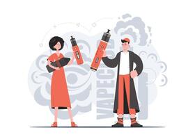 A girl and a guy are holding a vaping system in their hands. Trendy style with soft neutral colors. The concept of replacing cigarettes. Vector illustration.