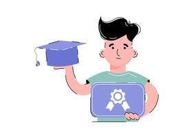 The guy holds a diploma in his hands. Concept of learning. Isolated on white background. Trendy flat vector style.