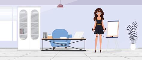 A cartoon woman is standing in front of a desk vector