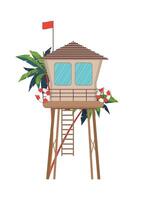 A lifeguard tower with palm trees and a red flag vector