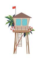 casa de salvavidas de madera en diseño plano. torre de guardia de vida retro aislada sobre fondo blanco. cabaña de vigilancia de la bahía o ilustración vectorial de la torre de observación. vector