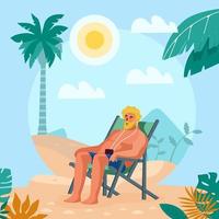 Man Sun Bathing On The Beach Concept vector