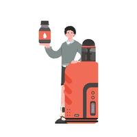 The guy holds in his hands a system for vaping. Trendy style with soft neutral colors. The concept of replacing cigarettes. Vector illustration. Isolated.