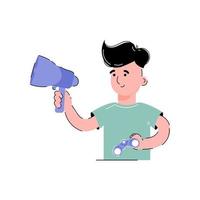 The guy holds a mouthpiece and binoculars in his hands. The concept of finding employees. Isolated on white background. Trendy flat vector style.