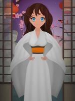 Women in a long white silk kimono, summer kimono, silk home clothes, bridesmaid wedding robes, natural robe. Cartoon style. vector
