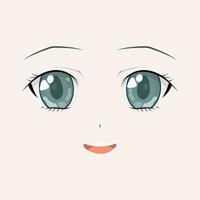 Happy anime face. Manga style big green eyes, little nose and kawaii mouth. Hand drawn vector illustration. Isolated on white.