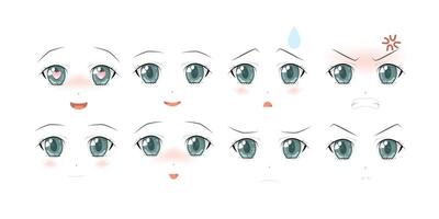 Set of Vector Cartoon Anime Style Expressions. Anime girl in japanese. Anime style, drawn vector illustration. Sketch.