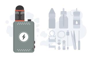 Vape or vapor illustration. Cigarette substitute. Smoking tool. Includes component icons. Flat style. Vector design