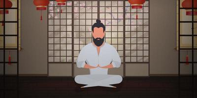 A monk meditates in a Japanese-style room. A samurai practicing meditation or yoga. Cartoon style. Vector illustration.