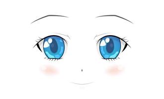 Happy anime face. Manga style big blue eyes, little nose and kawaii mouth. Hand drawn vector illustration. Isolated on white.