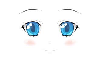 Happy anime face. Manga style big blue eyes, little nose and kawaii mouth. Hand drawn vector illustration. Isolated on white.