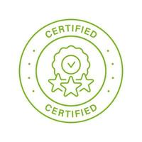 Certified Product Quality Line Green Stamp. Certificate Guarantee Origin Outline Sticker. Accredited Product Label with Stars. Certify Control Symbol. Verified Seal. Isolated Vector Illustration.