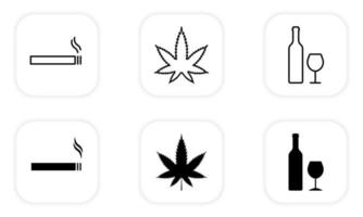 Alcohol, Drug, Smoke Zone Black Line and Silhouette Icon Set. Wine Bottle and Glass, Cannabis, Smoke Cigarette, Drink Alcohol Pictogram. Medical Hemp Flat Symbol. Isolated Vector Illustration.