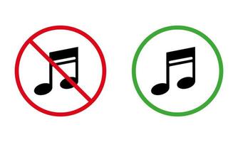 Music Area Black Silhouette Icon Set. Silence Zone Place Red Forbidden Round Sign. Allowed Place for Sing Music Green Symbol. Noise Sign. Warning No Musical Note Ban. Isolated Vector Illustration.