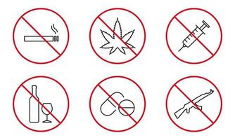 No Drug, Alcohol, Cigarette, Pill, Syringe, Gun AK47 Line Icon Set. Narcotic, Weapon Forbidden Outline Pictogram. Danger Addiction Stop Symbol. Illegal Sign Prohibited. Isolated Vector Illustration.