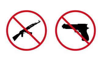 pistola de mano y kalashnikov automático ak 47 detienen el icono de silueta negra. pistola militar, pictograma prohibido ak47. símbolo de prohibición roja del arma del ejército. peligro arma de fuego prohibida. ilustración vectorial aislada. vector